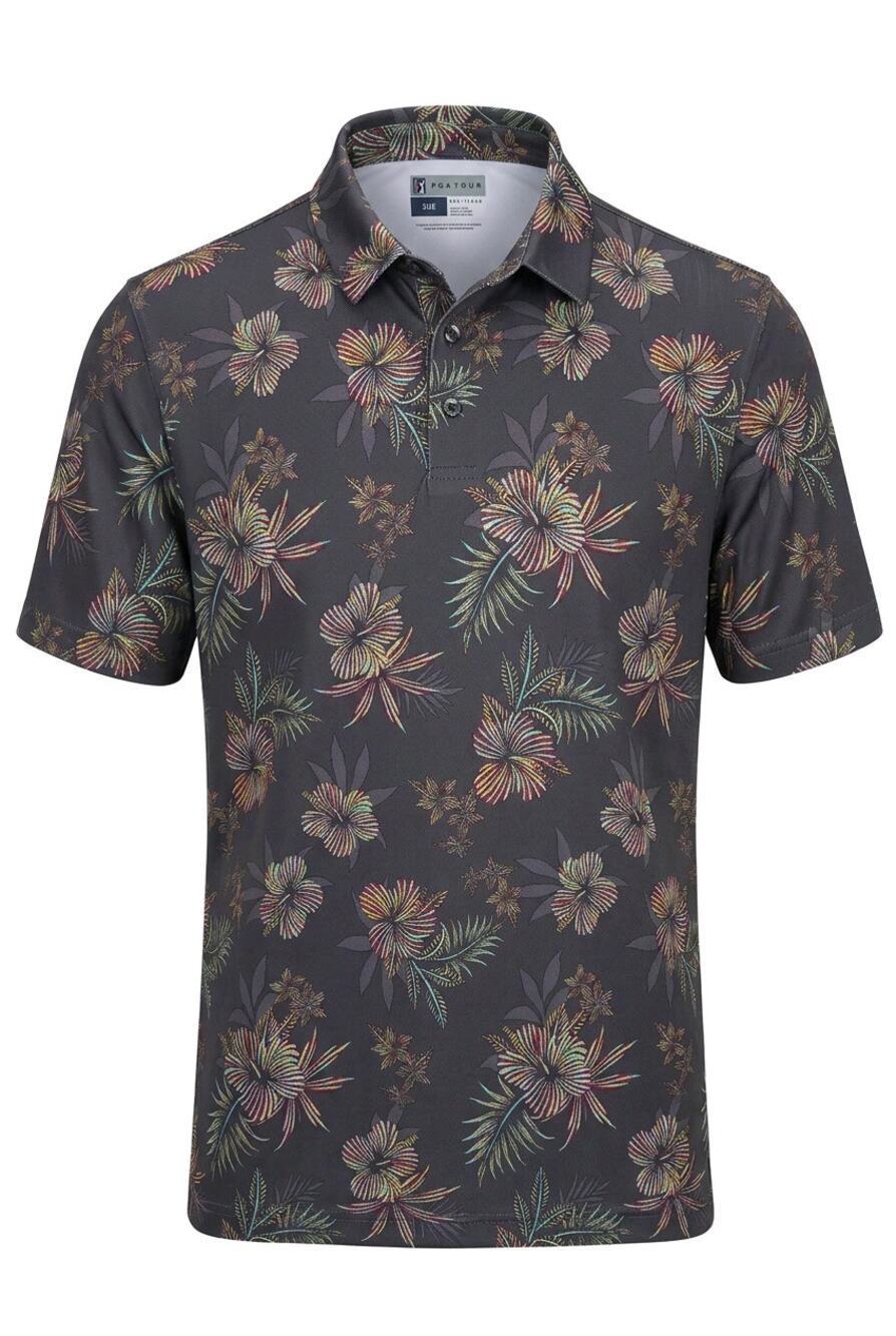 PGA TOUR ProSeries Men Large Golf Polo Shirt Athletic Fit Hibiscus Floral Gray